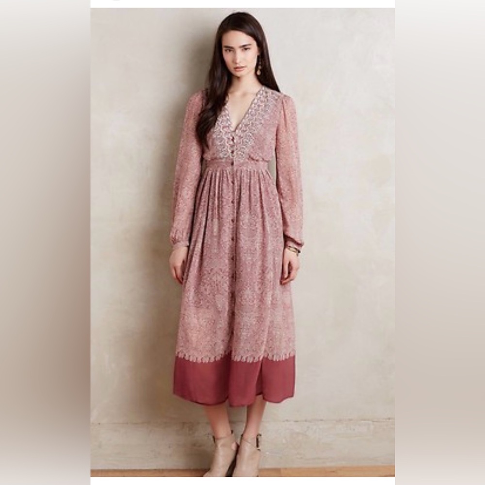 Anthropologie Floreat Pink Midi Dress V-Neck sz 2